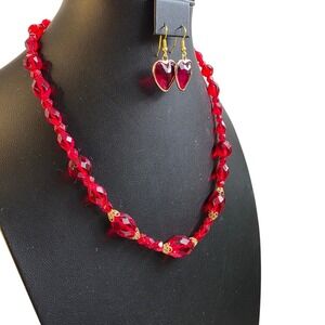 Vintage Red Glass Crystal Statement Necklace & Heart Drop Earring Set Victorian